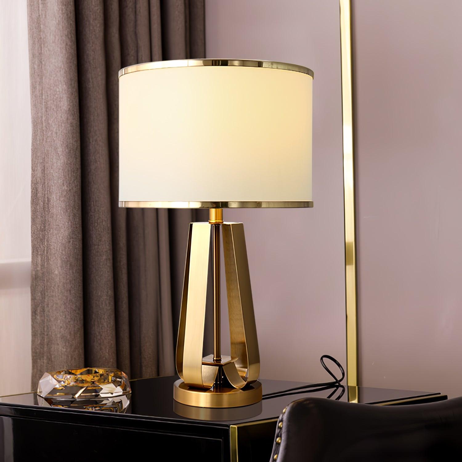 Laila Antique Gold Table Lamp with Ivory Fabric Shade and Curved Metal Base