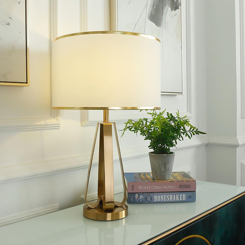 Laila Antique Gold Table Lamp with Ivory Fabric Shade and Curved Metal Base