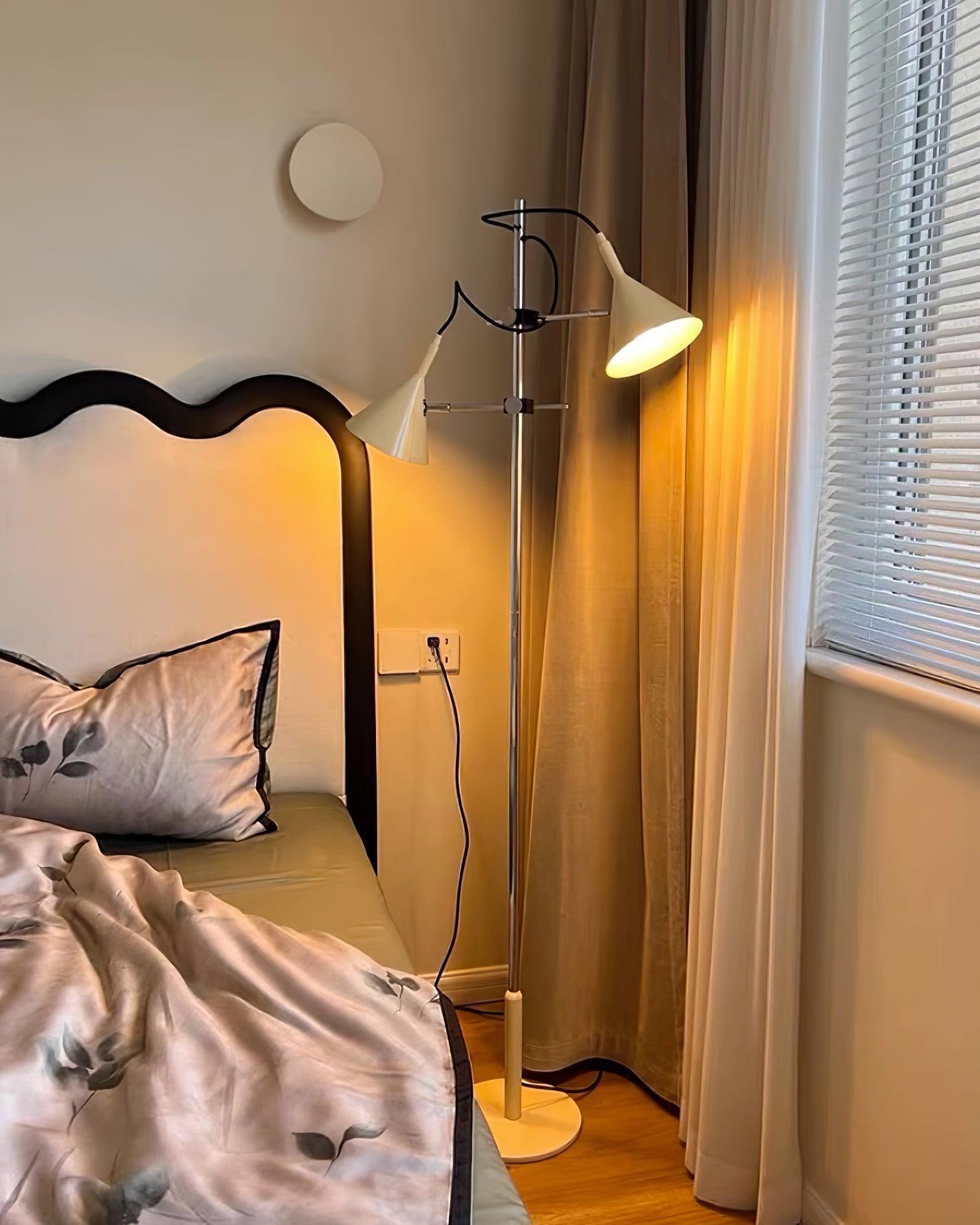 Modern Laiton Floor Lamp with Adjustable Arms Chrome Finish and Beige Fabric Shade