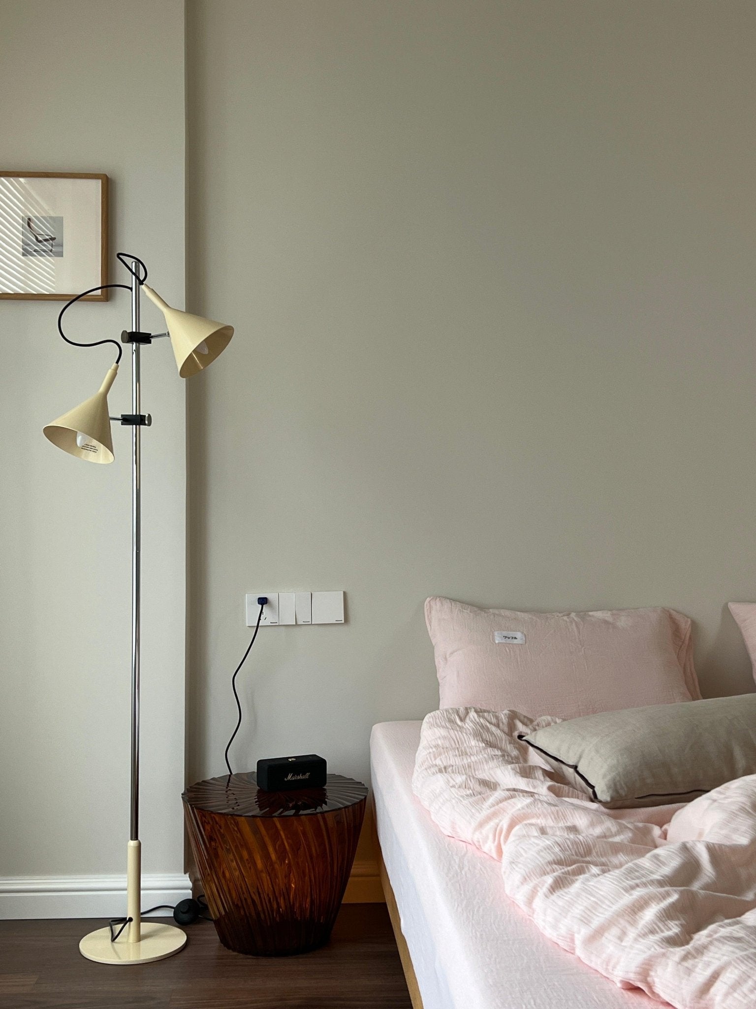 Modern Laiton Floor Lamp with Adjustable Arms Chrome Finish and Beige Fabric Shade