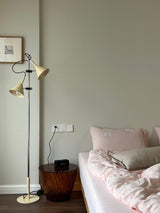 Modern Laiton Floor Lamp with Adjustable Arms Chrome Finish and Beige Fabric Shade