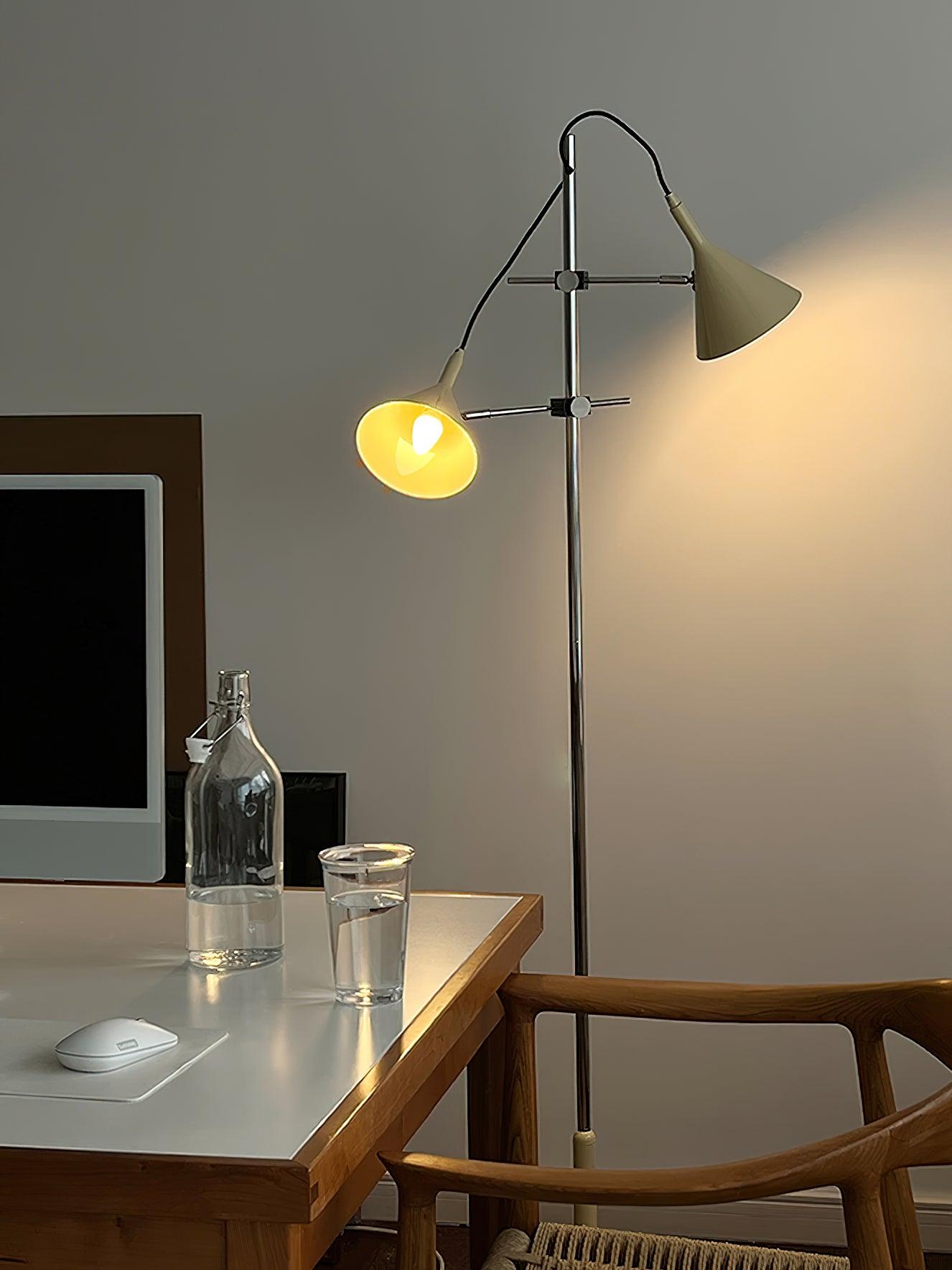 Modern Laiton Floor Lamp with Adjustable Arms Chrome Finish and Beige Fabric Shade