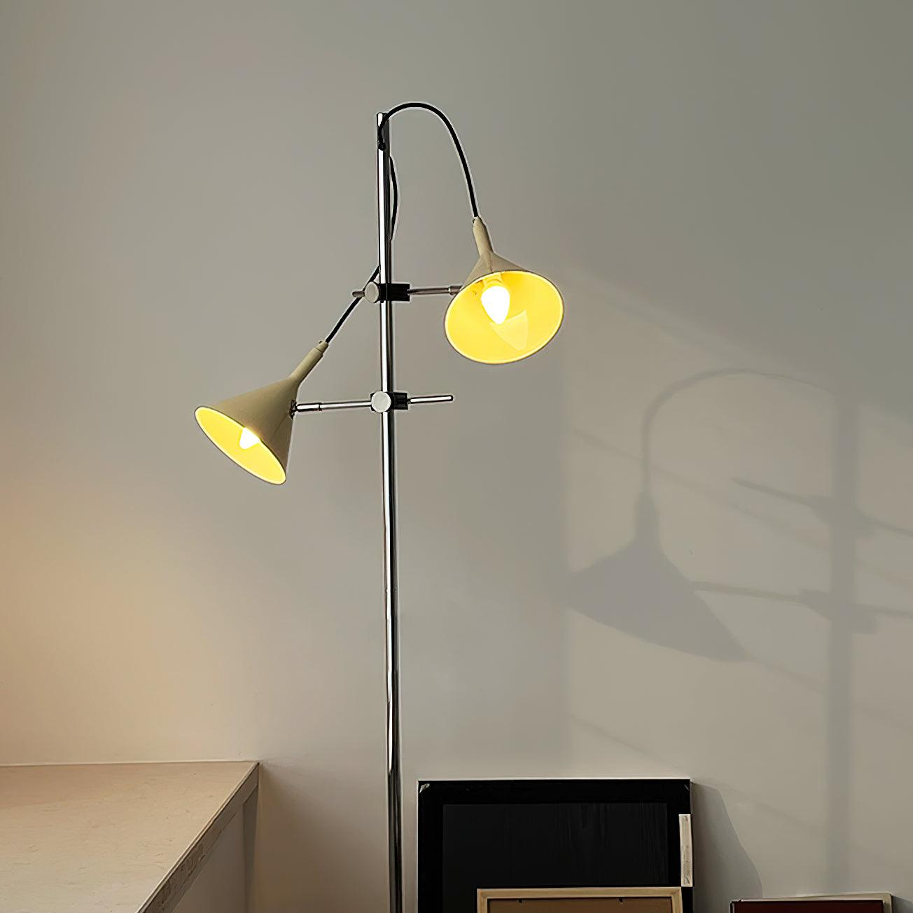 Modern Laiton Floor Lamp with Adjustable Arms Chrome Finish and Beige Fabric Shade