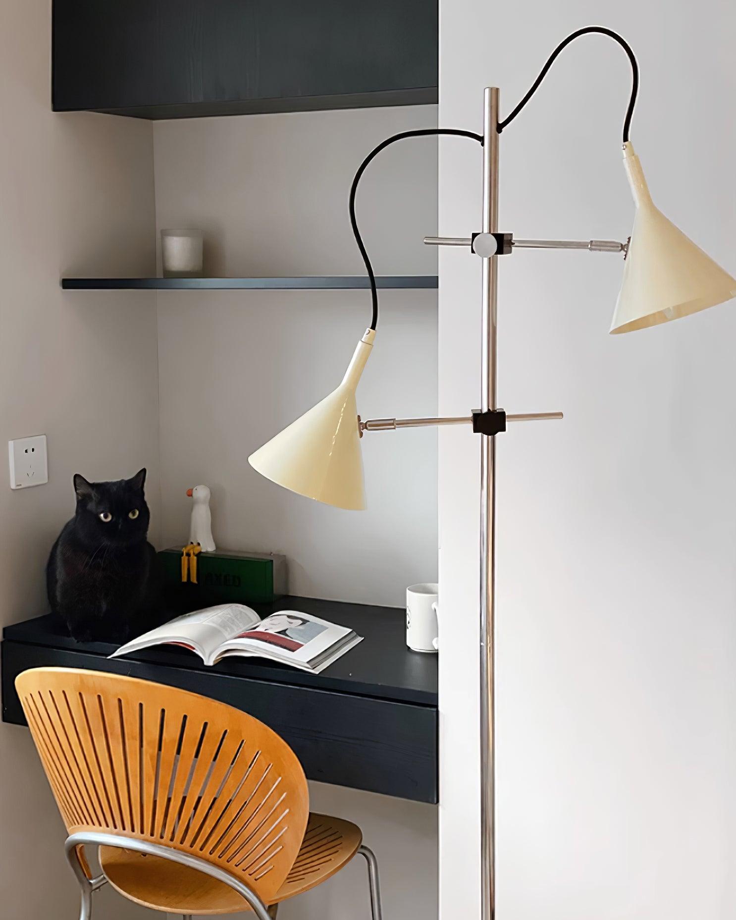 Modern Laiton Floor Lamp with Adjustable Arms Chrome Finish and Beige Fabric Shade