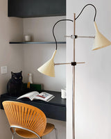 Modern Laiton Floor Lamp with Adjustable Arms Chrome Finish and Beige Fabric Shade