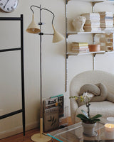 Modern Laiton Floor Lamp with Adjustable Arms Chrome Finish and Beige Fabric Shade