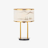 Artistic Modern Table Lamp with White Fabric Shade and Gold Geometric Accents for Living Room