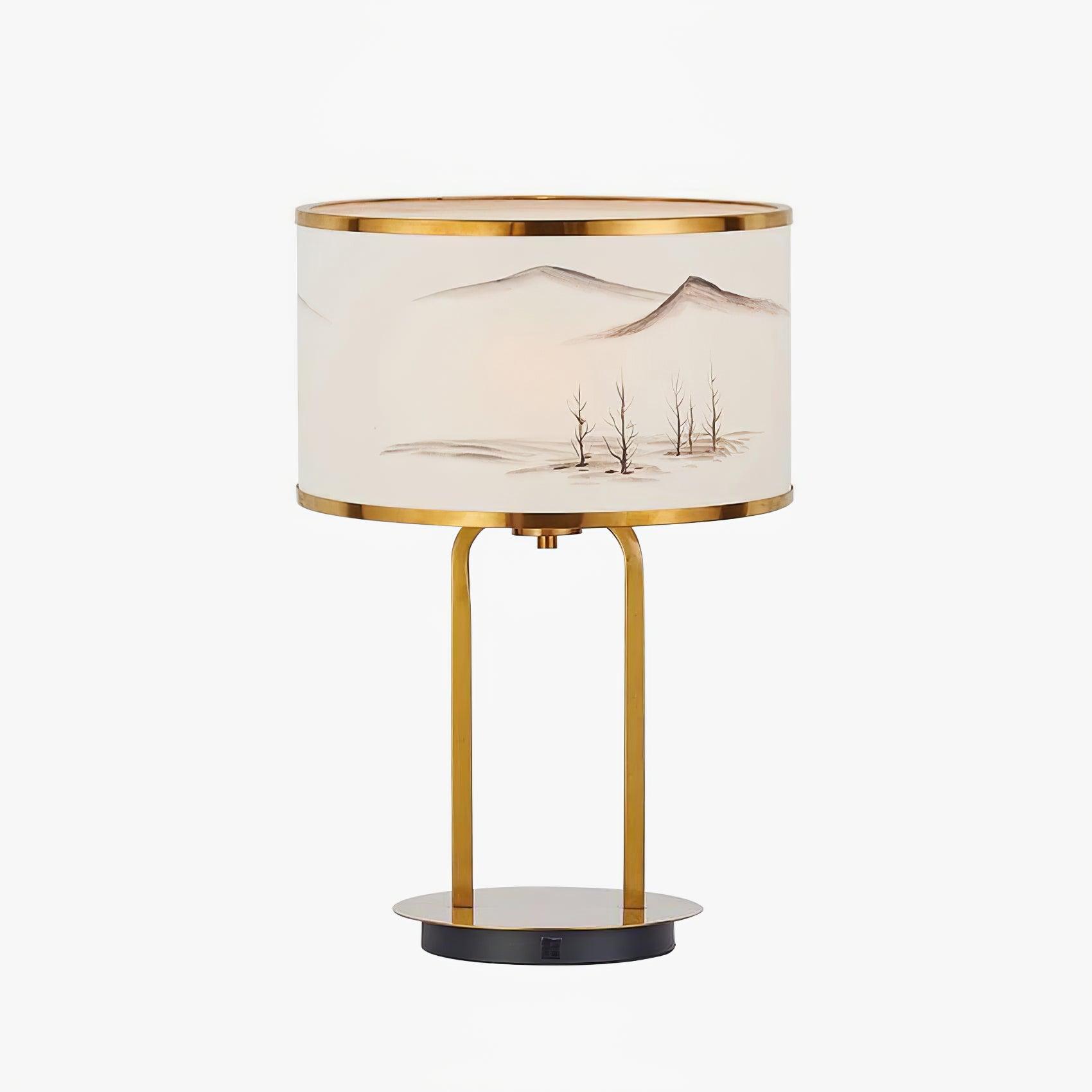 Artistic Modern Table Lamp with White Fabric Shade and Gold Geometric Accents for Living Room