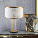 Artistic Modern Table Lamp with White Fabric Shade and Gold Geometric Accents for Living Room