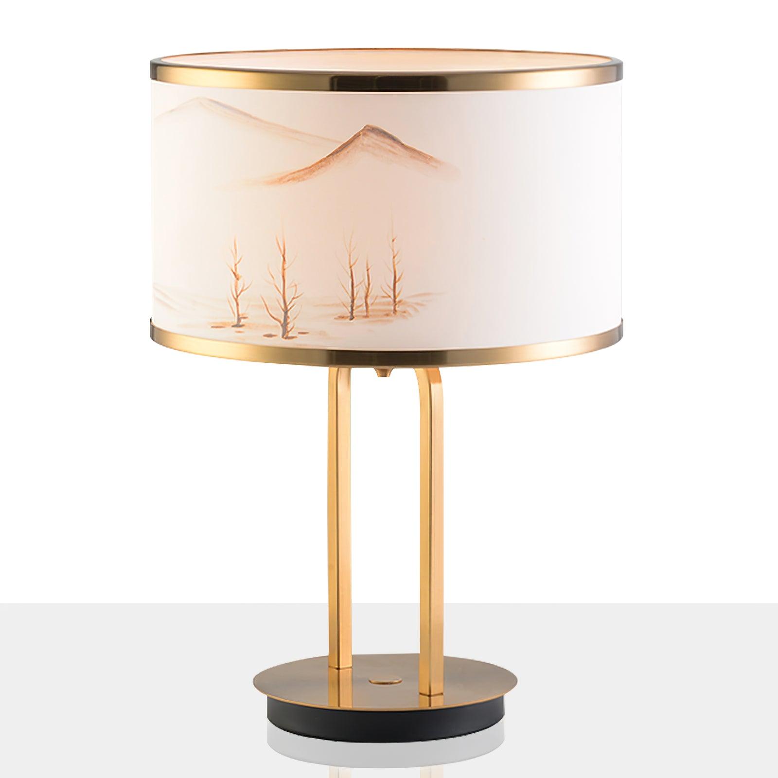 Artistic Modern Table Lamp with White Fabric Shade and Gold Geometric Accents for Living Room