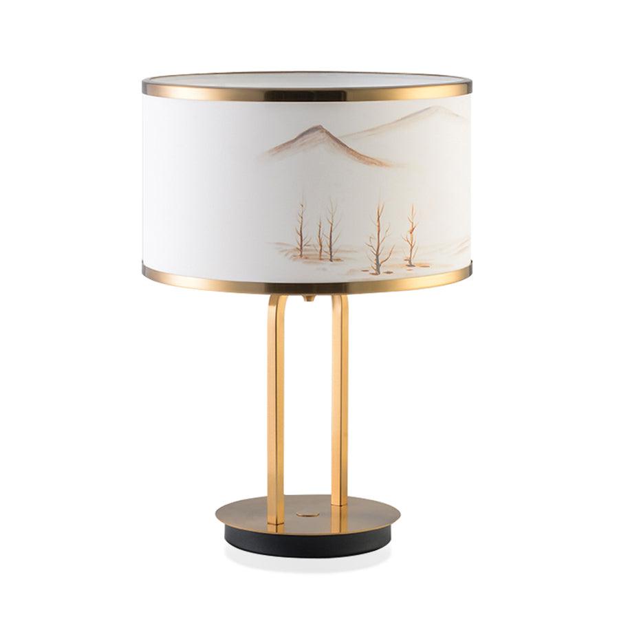 Artistic Modern Table Lamp with White Fabric Shade and Gold Geometric Accents for Living Room