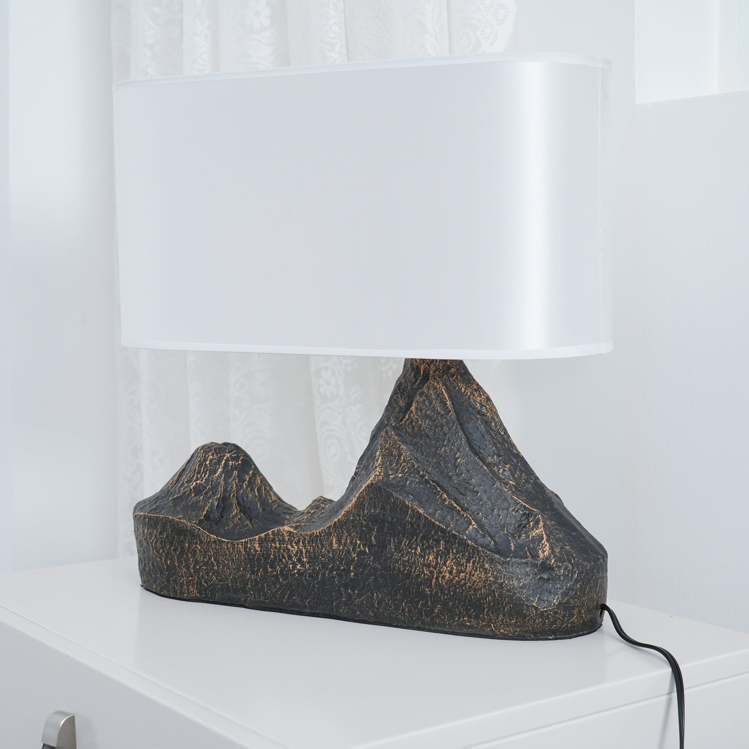 Artistic Landscape Side Table Lamp Resin Base with Fabric Shade Lighting