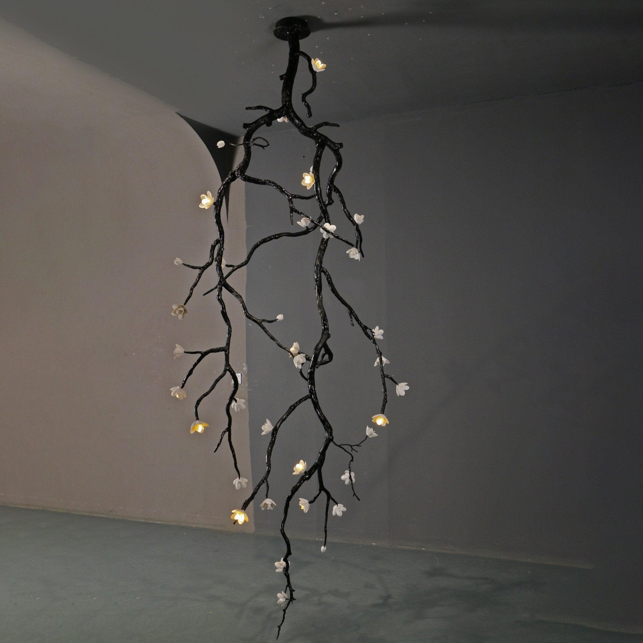 Modern Large Floral Branch Chandelier with Handmade Ceramic Flowers and Black Brass Finish