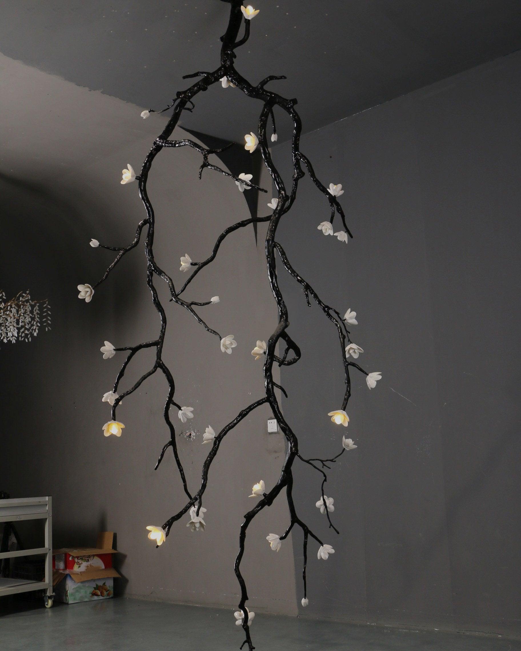 Modern Large Floral Branch Chandelier with Handmade Ceramic Flowers and Black Brass Finish