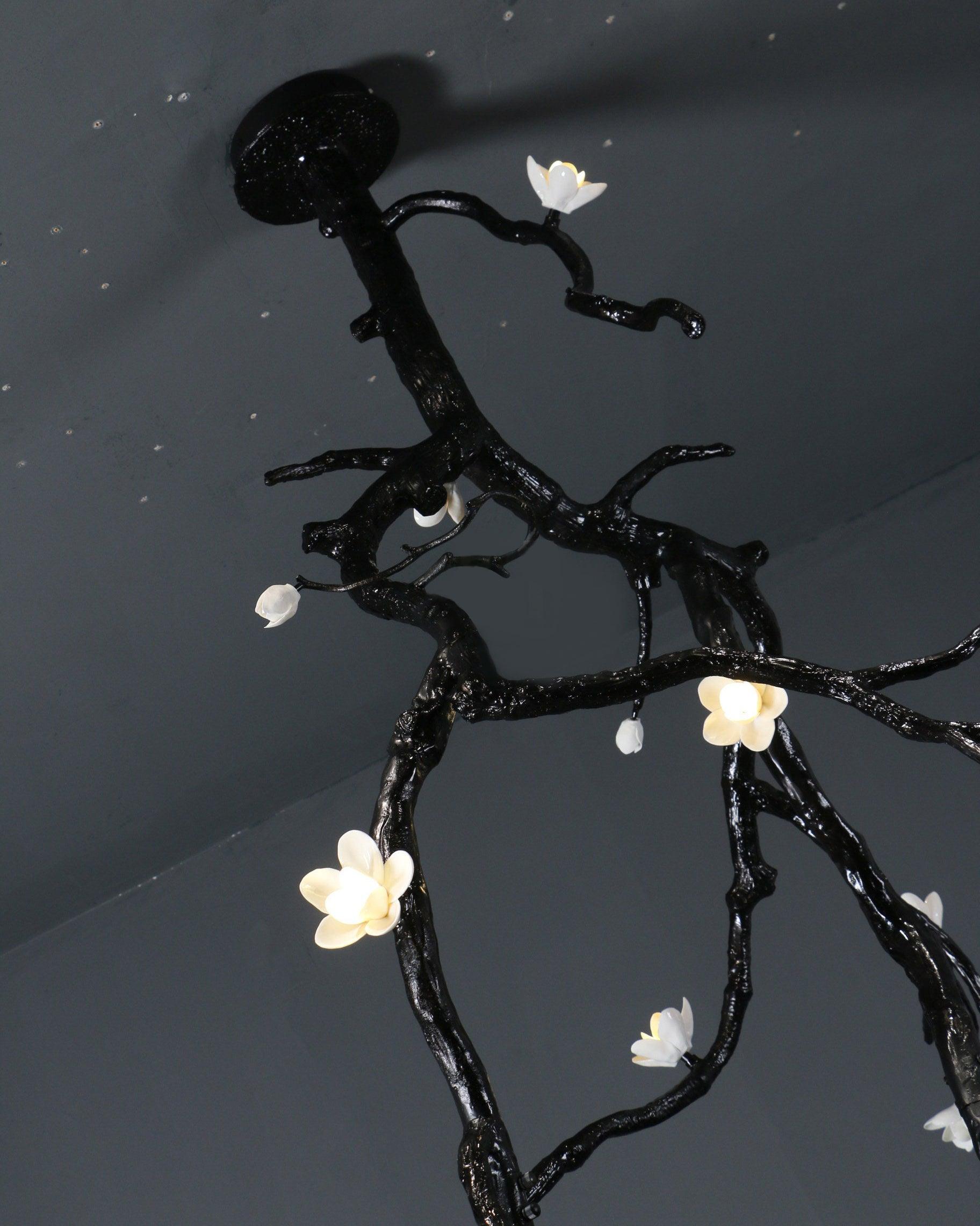 Modern Large Floral Branch Chandelier with Handmade Ceramic Flowers and Black Brass Finish