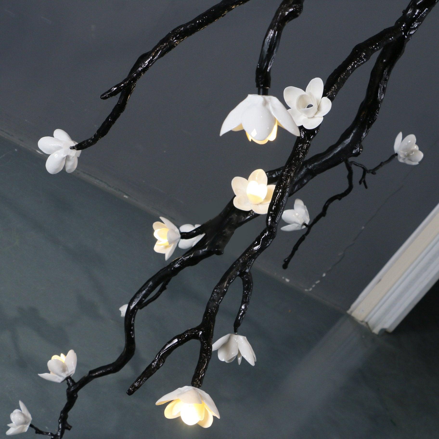 Modern Large Floral Branch Chandelier with Handmade Ceramic Flowers and Black Brass Finish