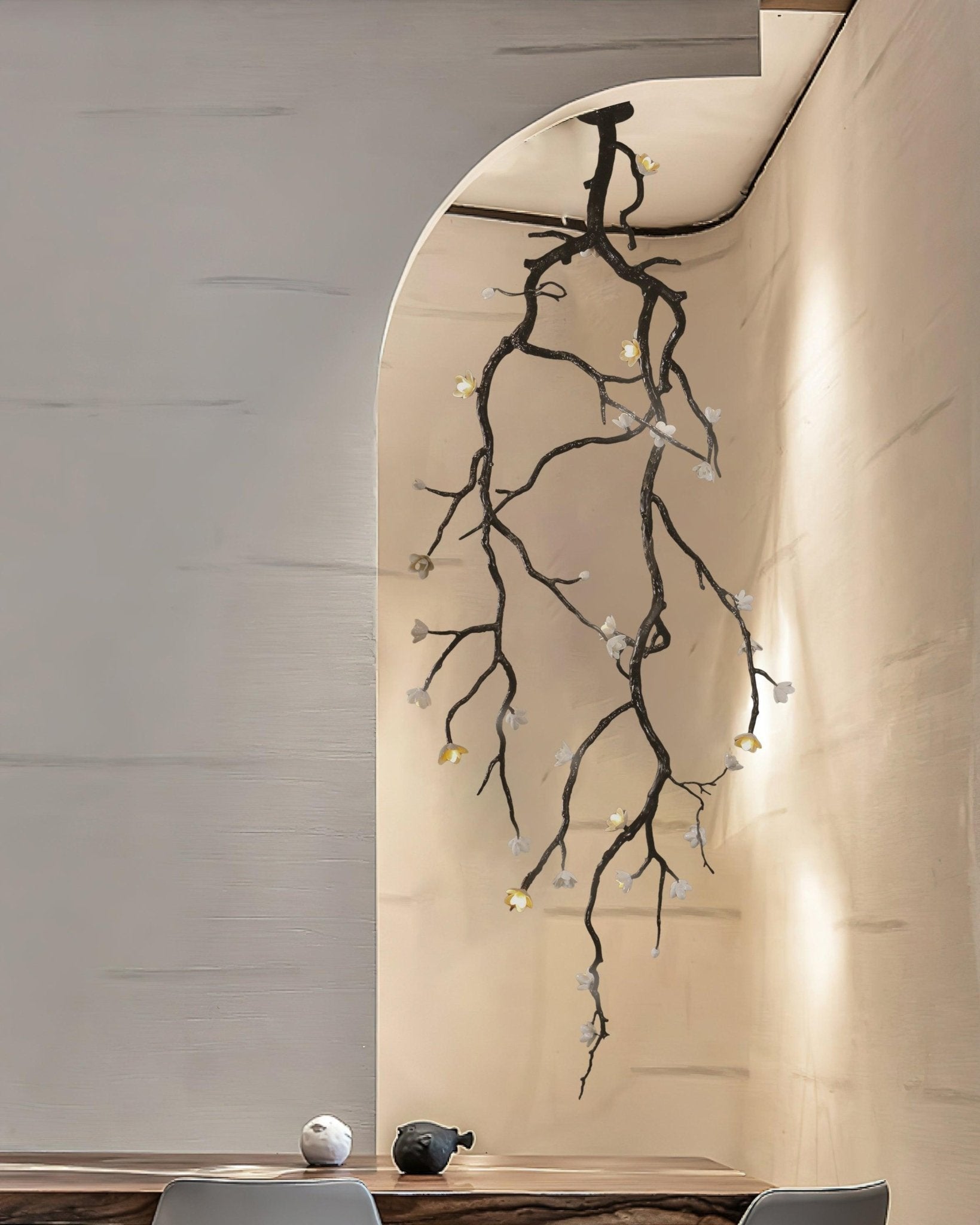 Modern Large Floral Branch Chandelier with Handmade Ceramic Flowers and Black Brass Finish