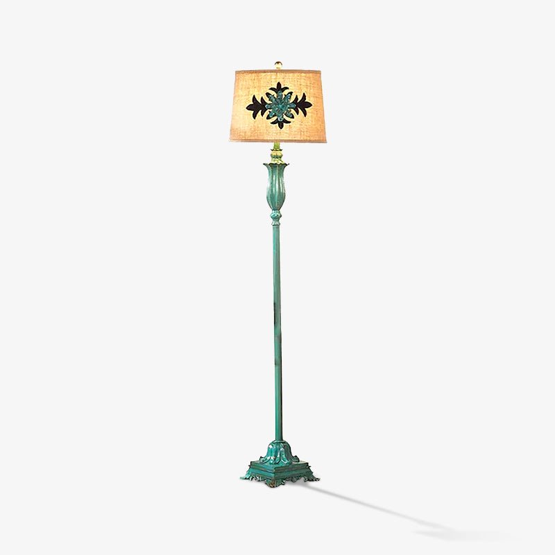 Vintage Distressed Resin Floor Lamp with Taupe Fabric Bell Shade for Living Room