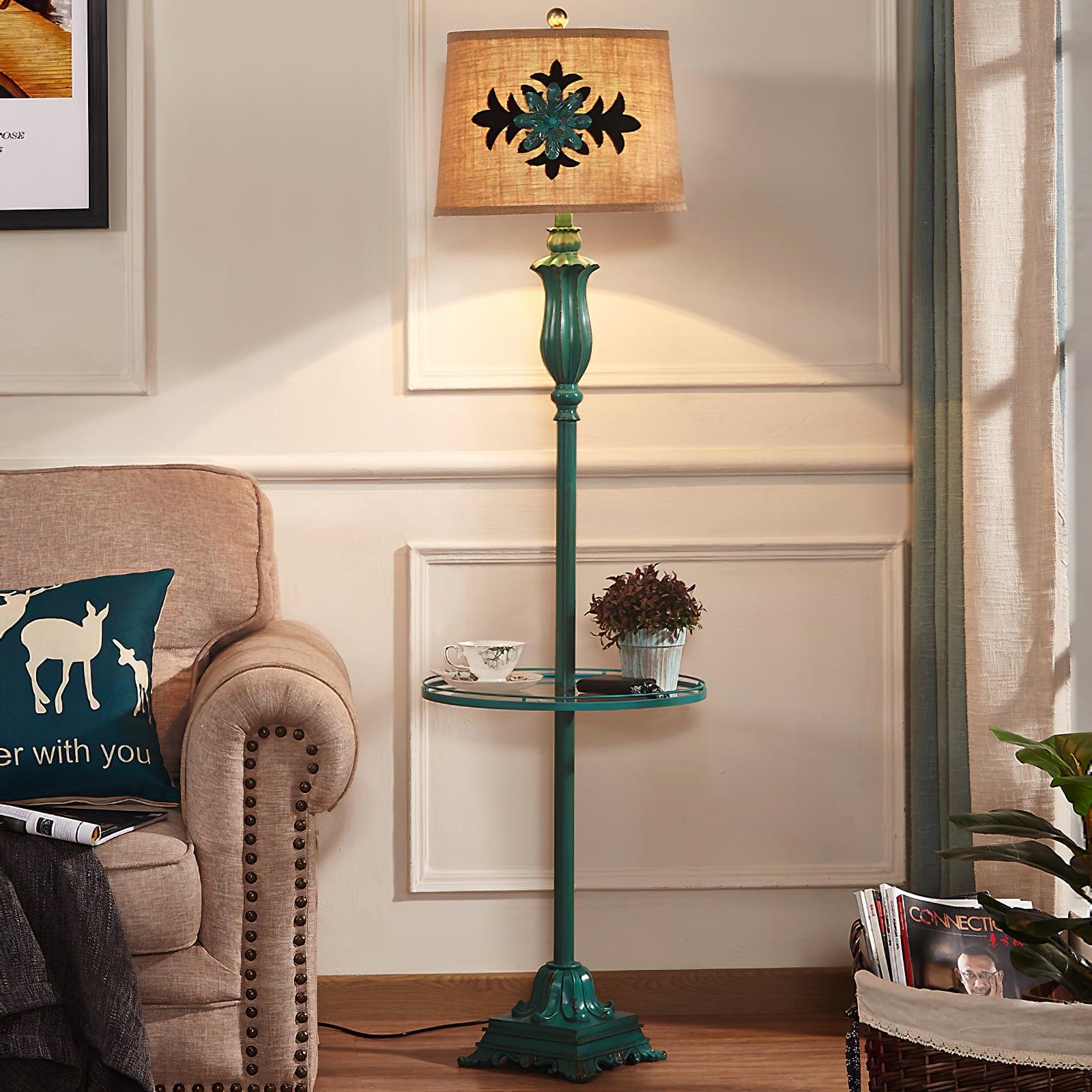 Vintage Distressed Resin Floor Lamp with Taupe Fabric Bell Shade for Living Room