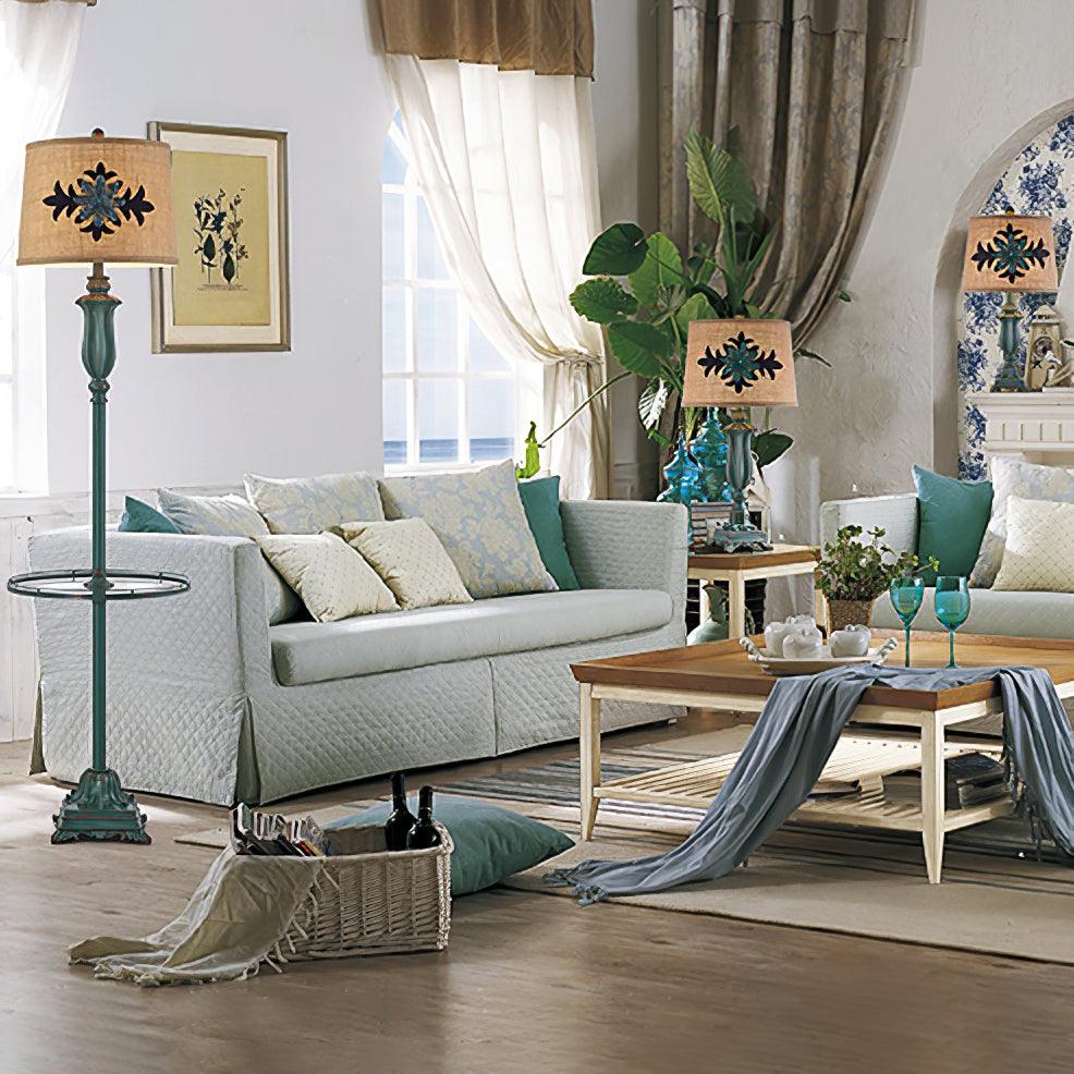 Vintage Distressed Resin Floor Lamp with Taupe Fabric Bell Shade for Living Room