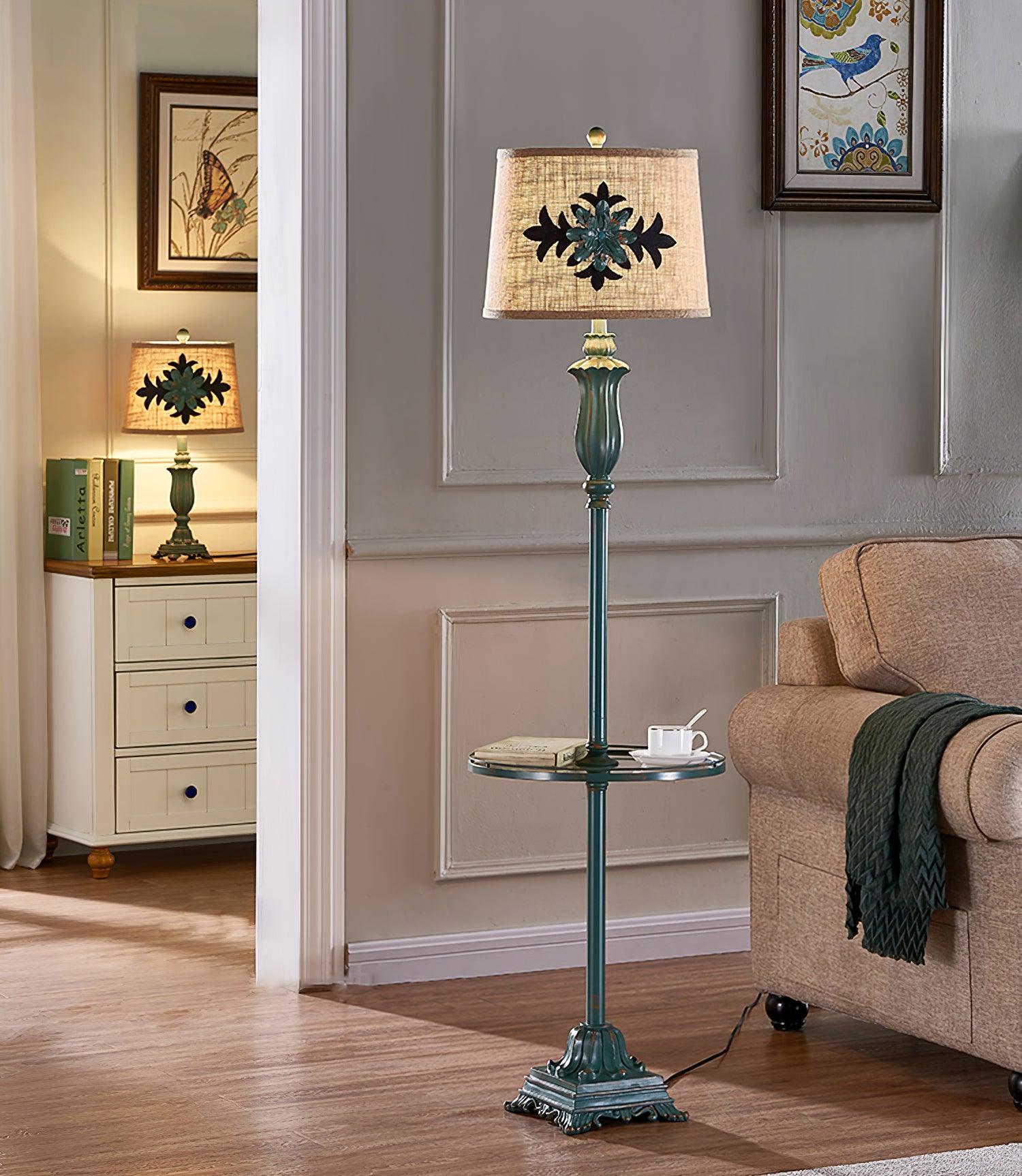 Vintage Distressed Resin Floor Lamp with Taupe Fabric Bell Shade for Living Room
