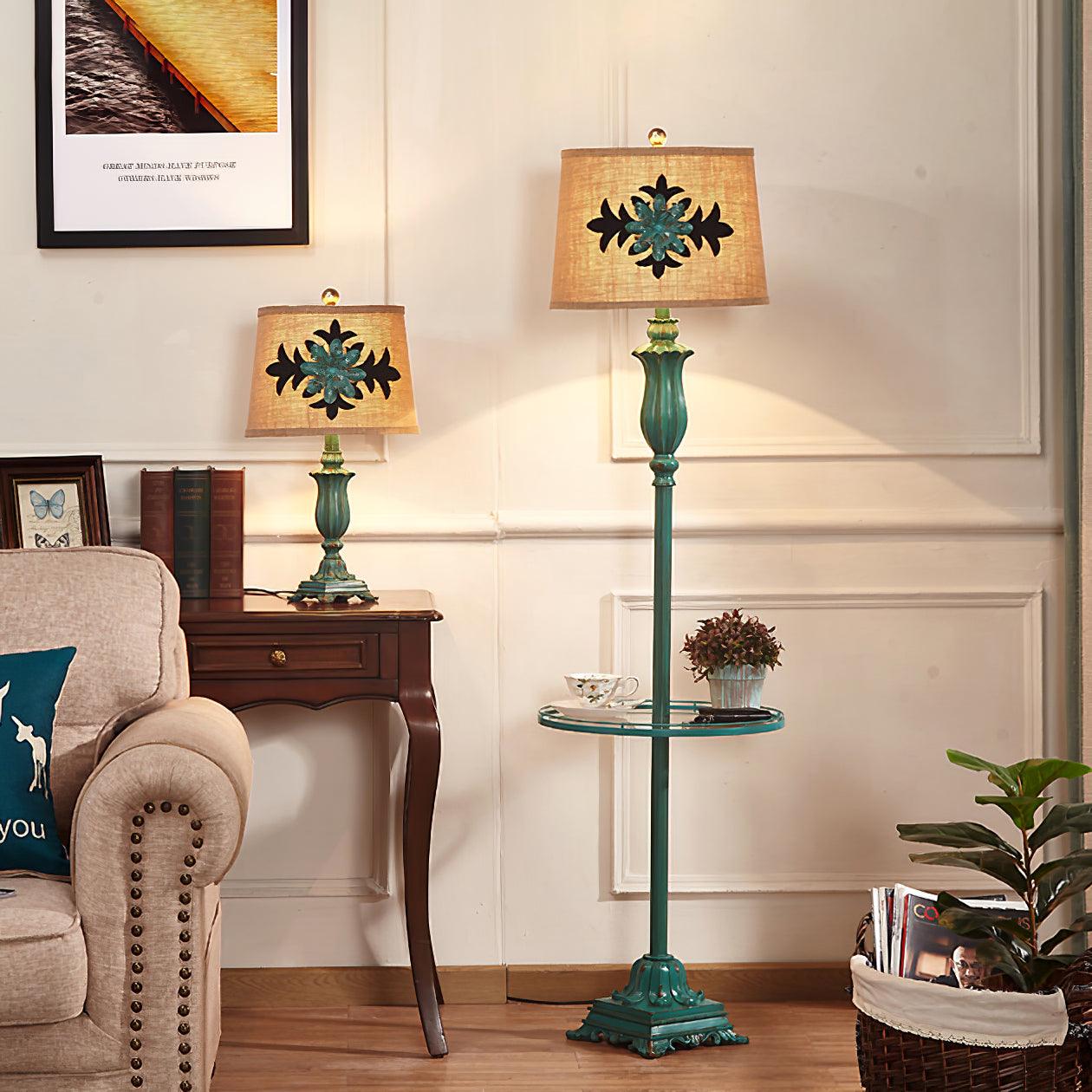 Vintage Distressed Resin Floor Lamp with Taupe Fabric Bell Shade for Living Room