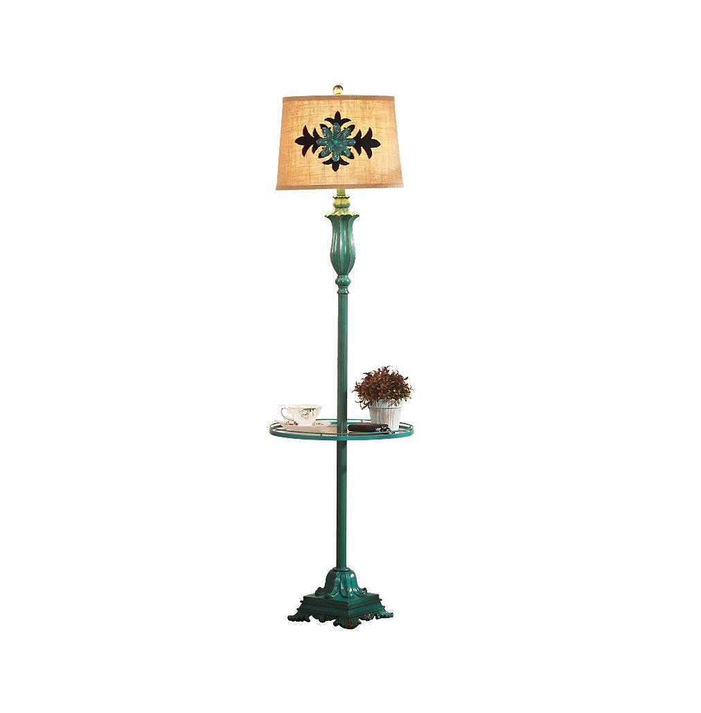 Vintage Distressed Resin Floor Lamp with Taupe Fabric Bell Shade for Living Room