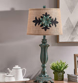Lark Vintage Green Resin Table Lamp with Linen Fabric Bell Shade for Bedside Lighting