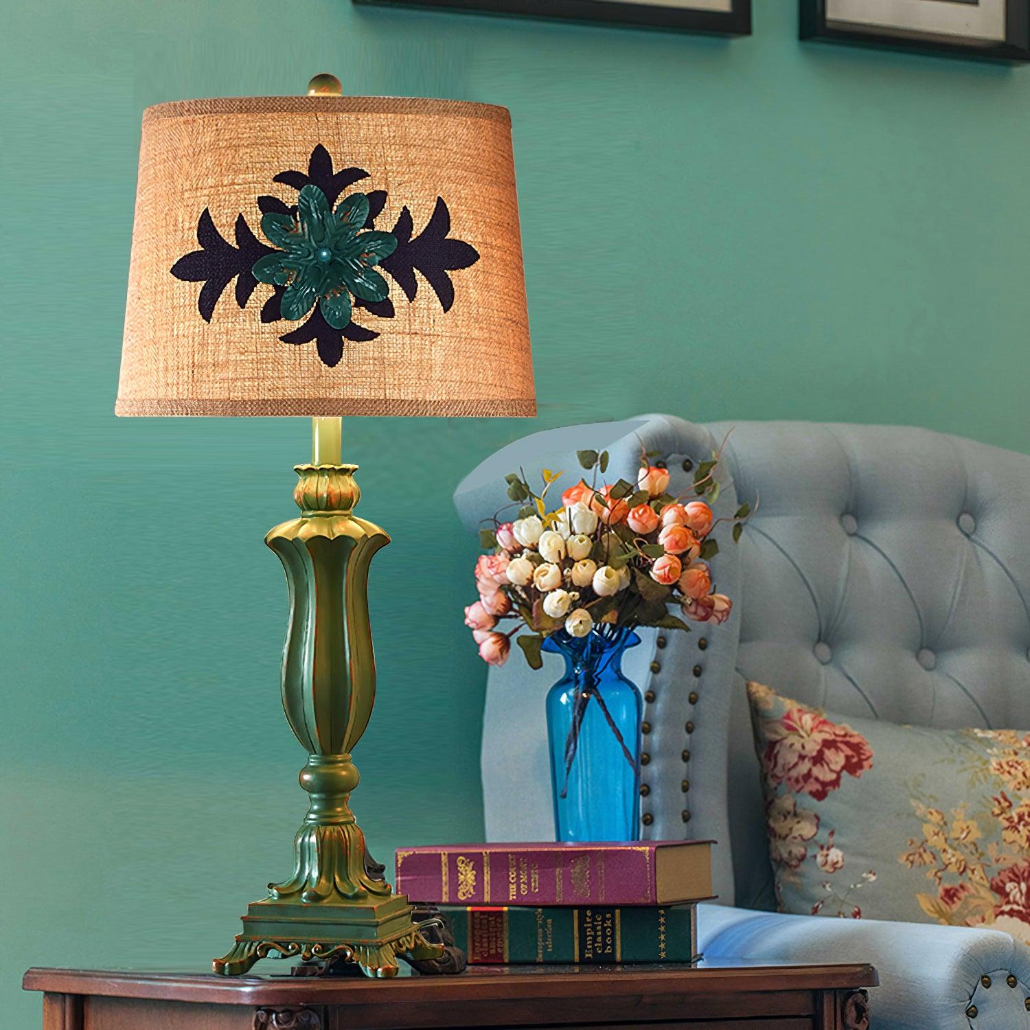 Lark Vintage Green Resin Table Lamp with Linen Fabric Bell Shade for Bedside Lighting