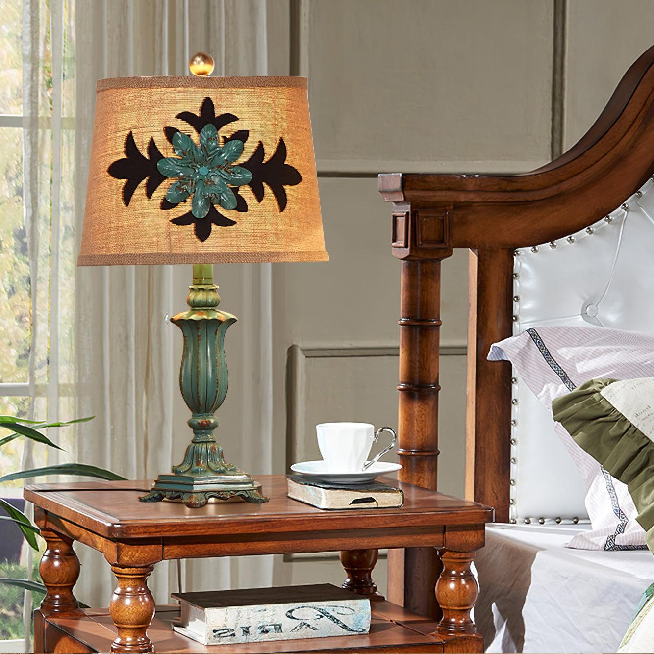 Lark Vintage Green Resin Table Lamp with Linen Fabric Bell Shade for Bedside Lighting