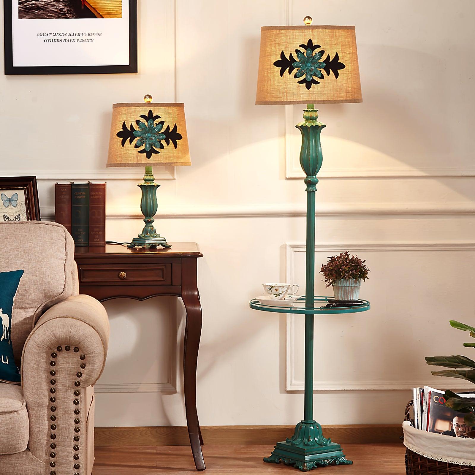 Lark Vintage Green Resin Table Lamp with Linen Fabric Bell Shade for Bedside Lighting