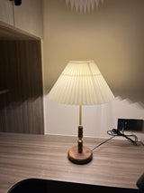 Mid Century Modern Pleated Walnut Table Lamp with Brass Accents and Folding Shade