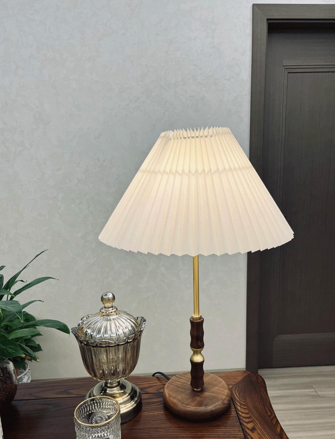 Mid Century Modern Pleated Walnut Table Lamp with Brass Accents and Folding Shade