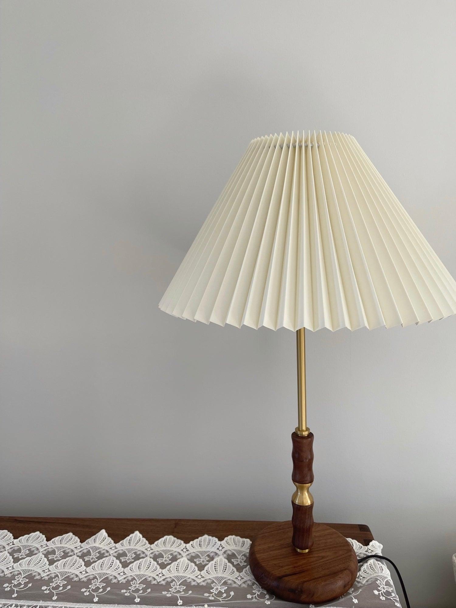 Mid Century Modern Pleated Walnut Table Lamp with Brass Accents and Folding Shade