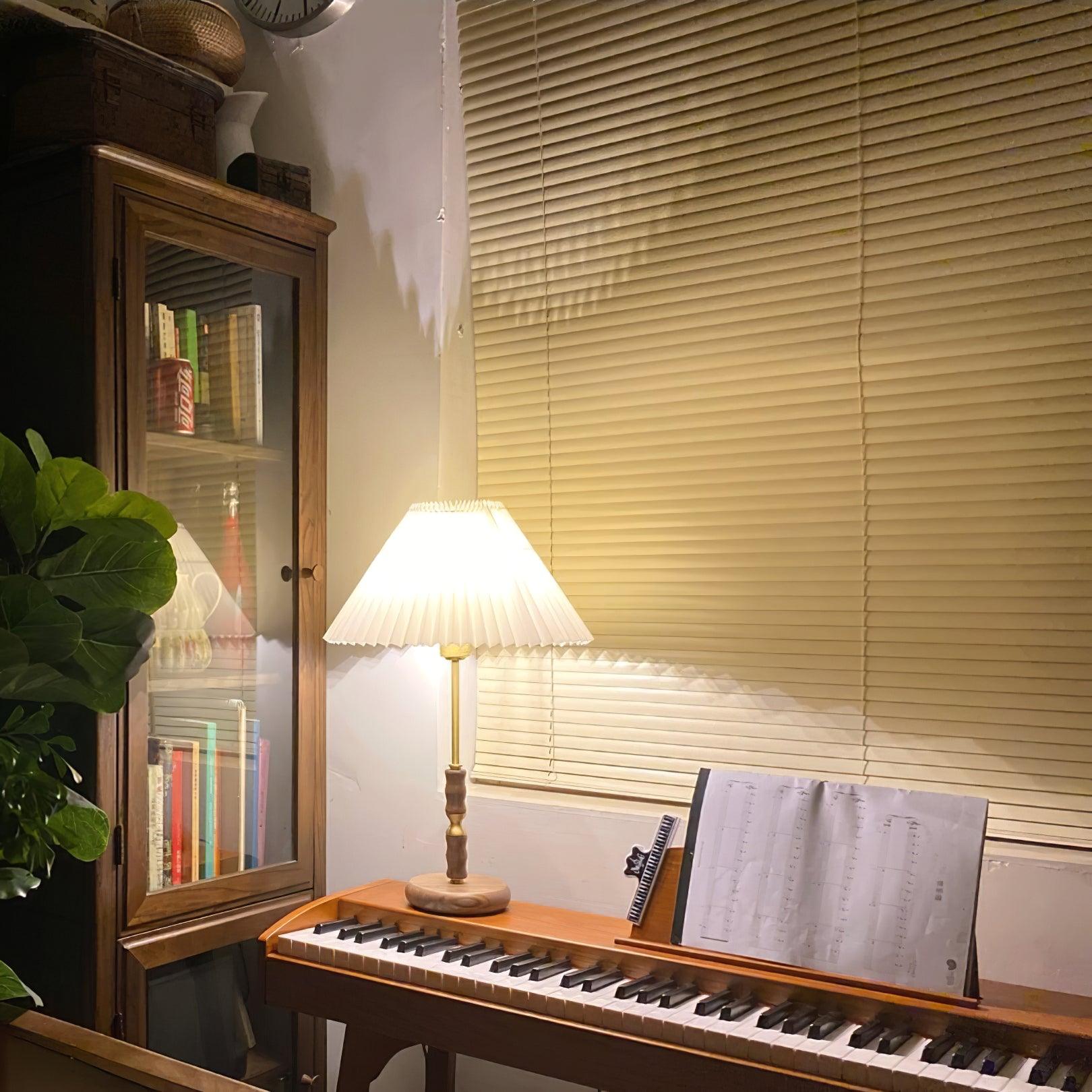 Mid Century Modern Pleated Walnut Table Lamp with Brass Accents and Folding Shade