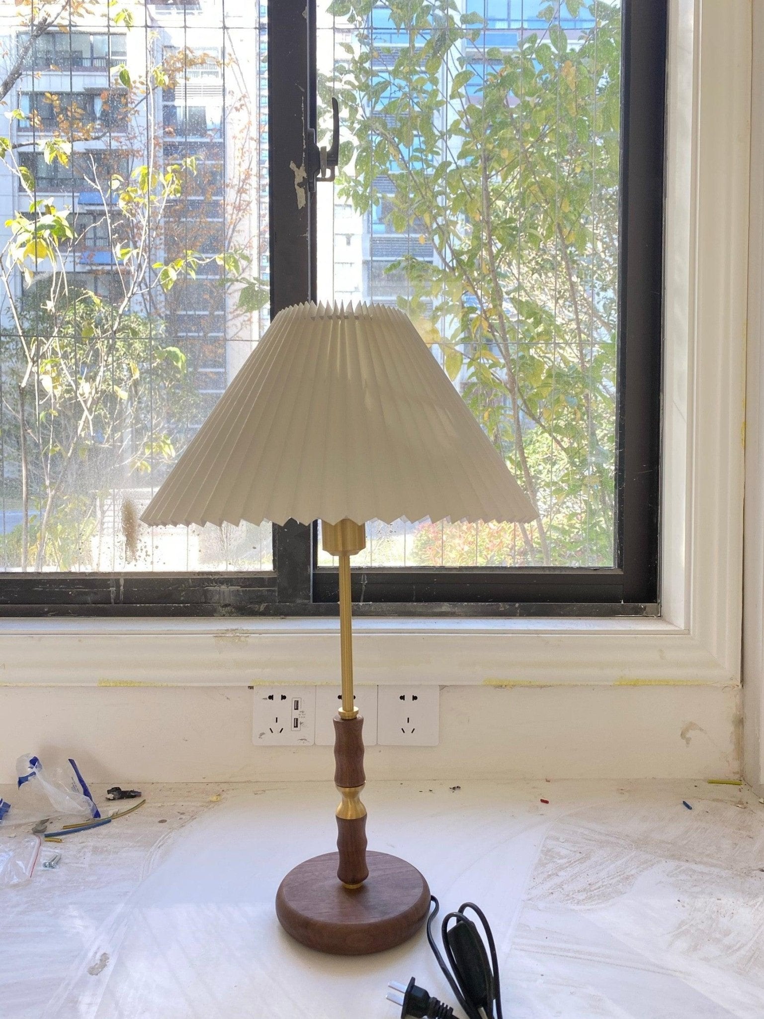Mid Century Modern Pleated Walnut Table Lamp with Brass Accents and Folding Shade