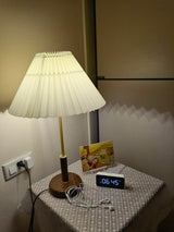 Mid Century Modern Pleated Walnut Table Lamp with Brass Accents and Folding Shade