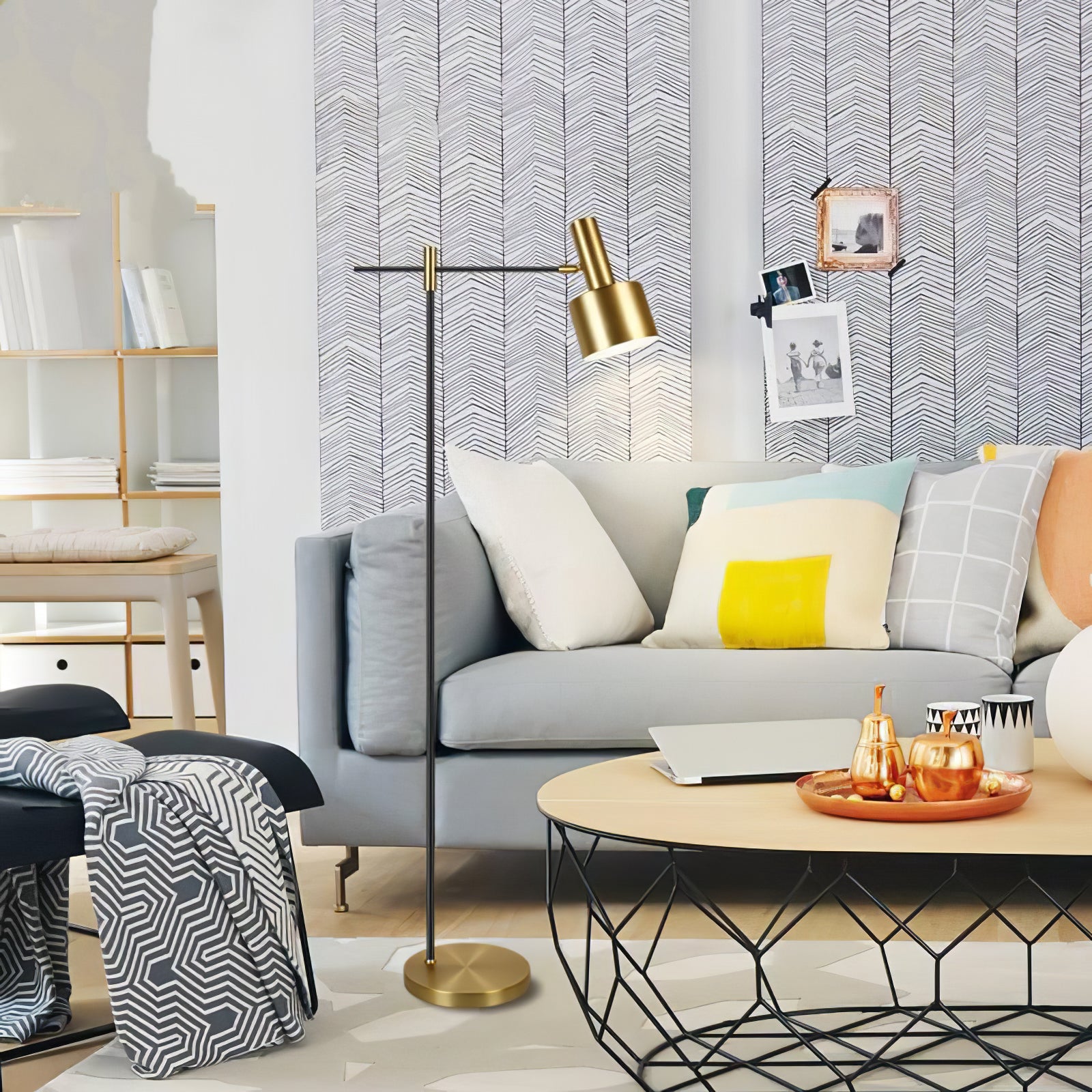 Lento Modern Floor Standing Lamp with Polished Gold and Black Finish