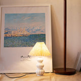 Modern Ribbed Ceramic Gourd Table Lamp White Gloss Desk Light with Linen Shade