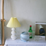 Modern Ribbed Ceramic Gourd Table Lamp White Gloss Desk Light with Linen Shade