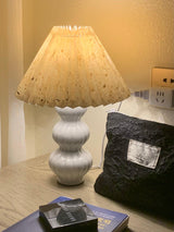 Modern Ribbed Ceramic Gourd Table Lamp White Gloss Desk Light with Linen Shade