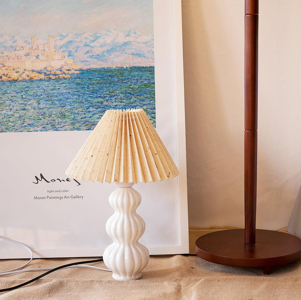 Modern Ribbed Ceramic Gourd Table Lamp White Gloss Desk Light with Linen Shade
