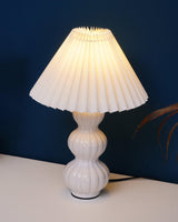 Modern Ribbed Ceramic Gourd Table Lamp White Gloss Desk Light with Linen Shade