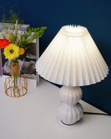 Modern Ribbed Ceramic Gourd Table Lamp White Gloss Desk Light with Linen Shade