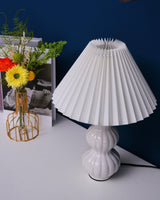 Modern Ribbed Ceramic Gourd Table Lamp White Gloss Desk Light with Linen Shade