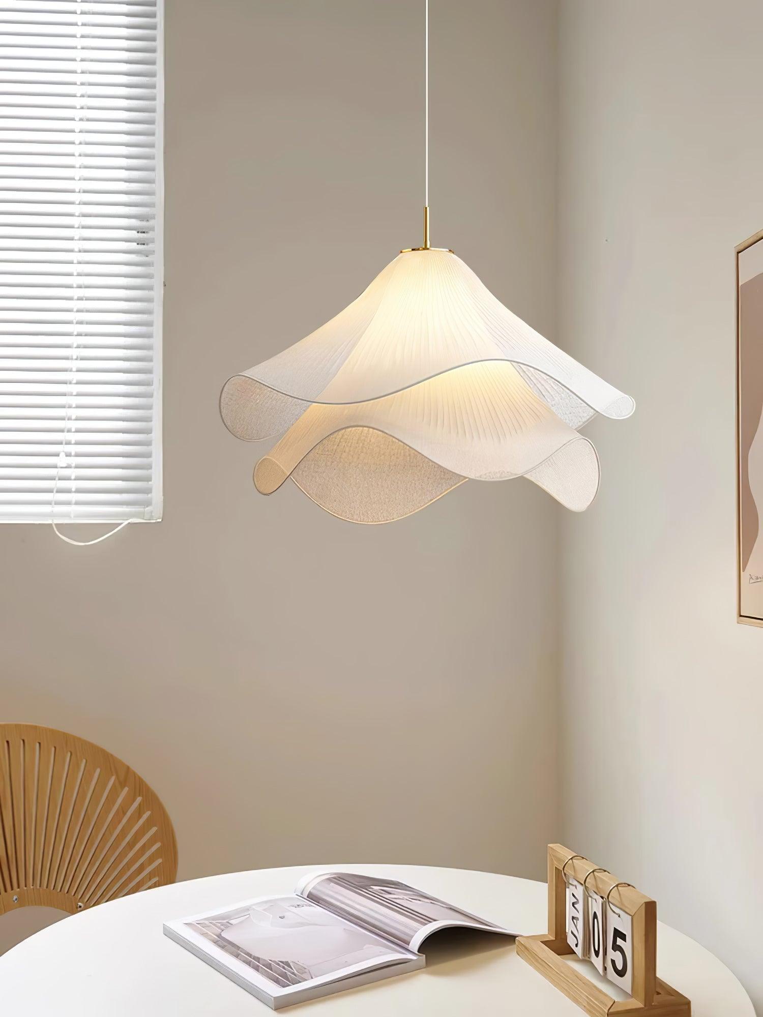 white-pleated-fabric-plug-in-pendant-light-gold-hardware-elegant-floral-hanging-lamp
