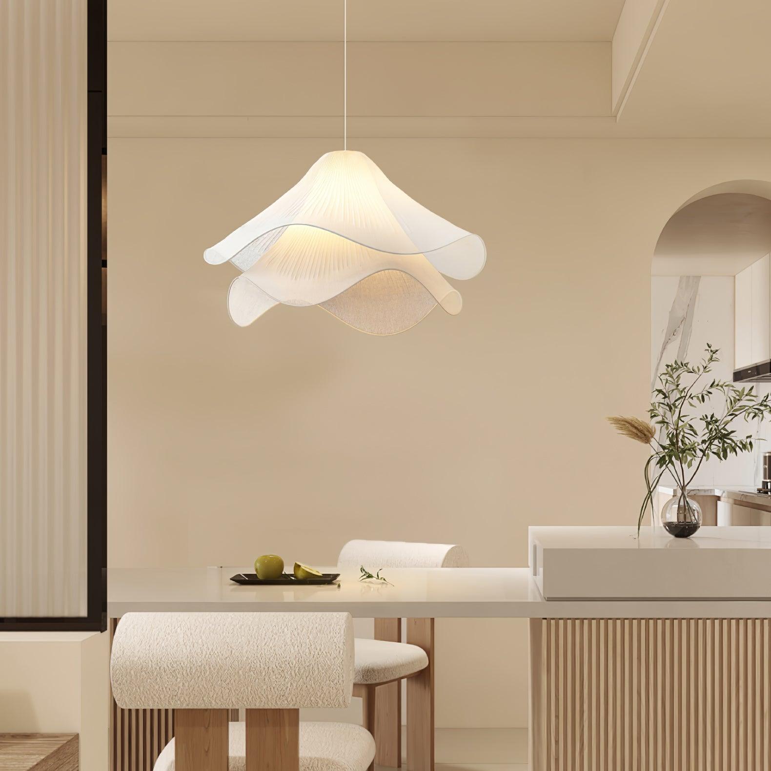 white-pleated-fabric-plug-in-pendant-light-gold-hardware-elegant-floral-hanging-lamp