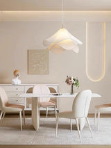 white-pleated-fabric-plug-in-pendant-light-gold-hardware-elegant-floral-hanging-lamp