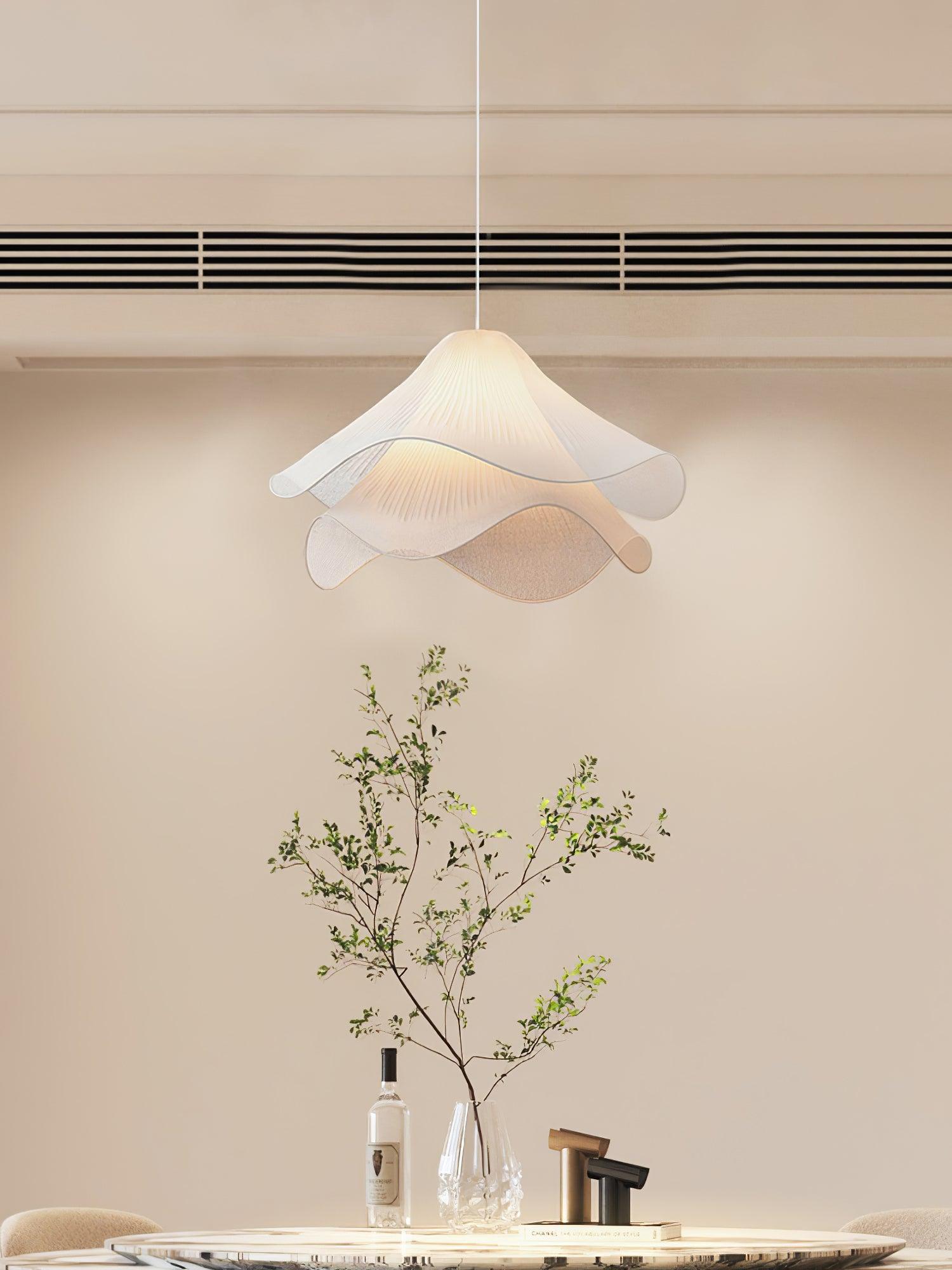 white-pleated-fabric-plug-in-pendant-light-gold-hardware-elegant-floral-hanging-lamp