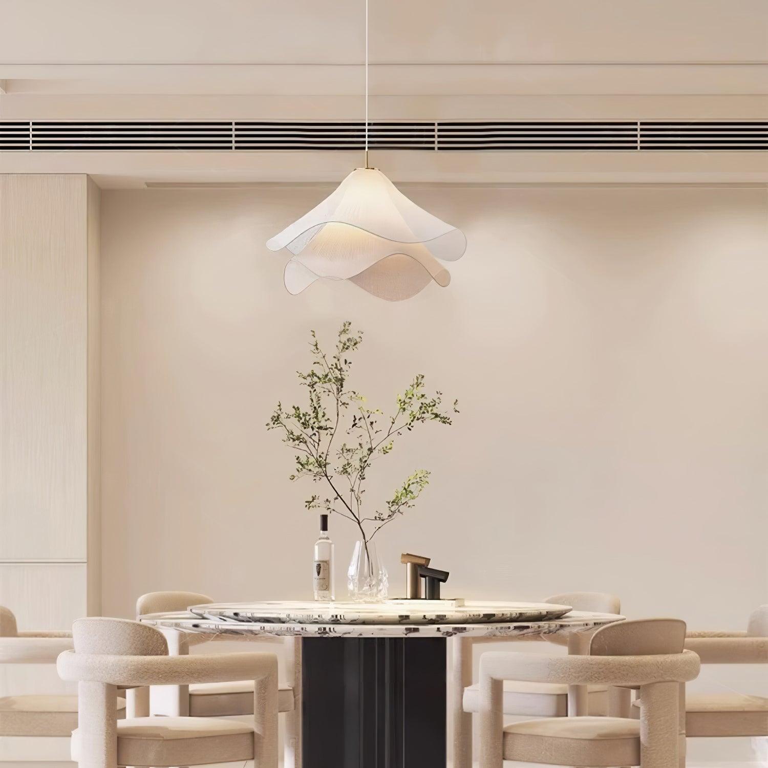 white-pleated-fabric-plug-in-pendant-light-gold-hardware-elegant-floral-hanging-lamp